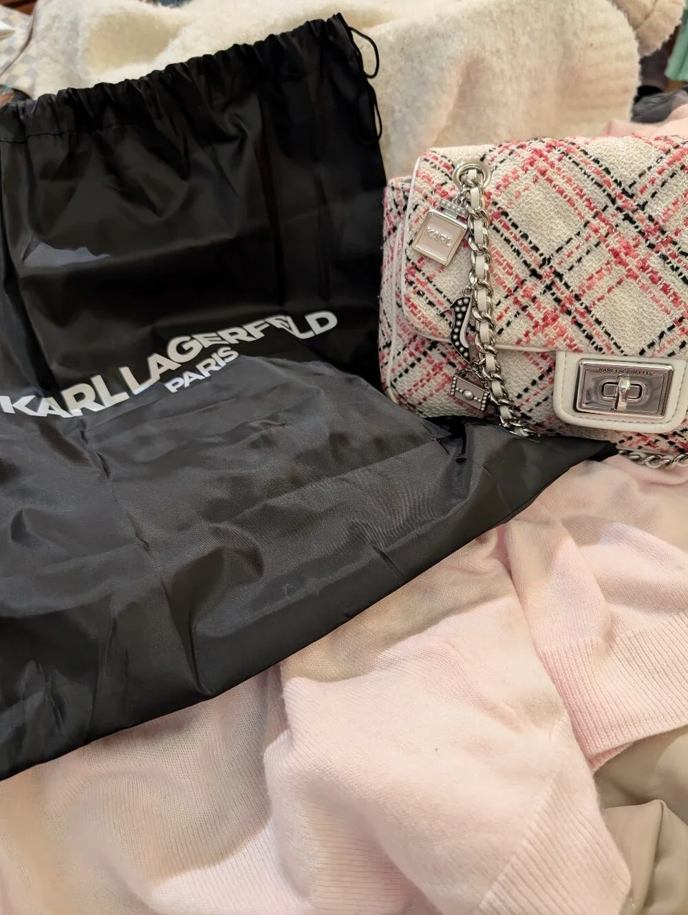 Karl Lagerfeld Pink Tweed  two Way Chain Shoulder Bag with Charms